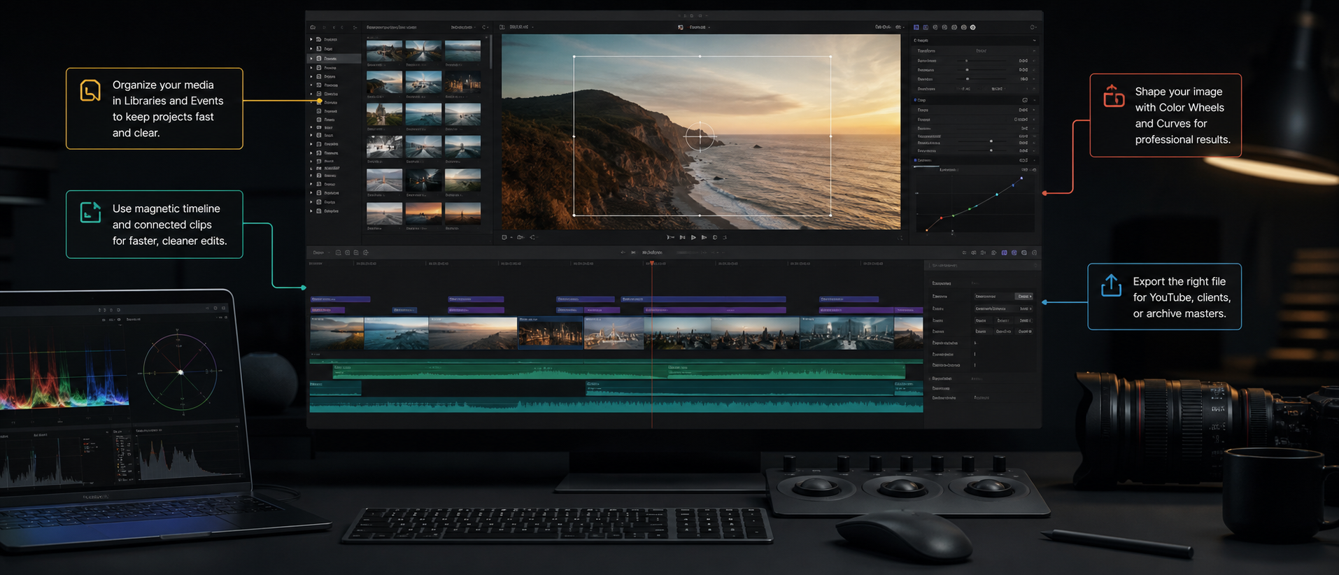 Final Cut Pro style editing workspace with timeline, inspector, color scopes, and export callouts